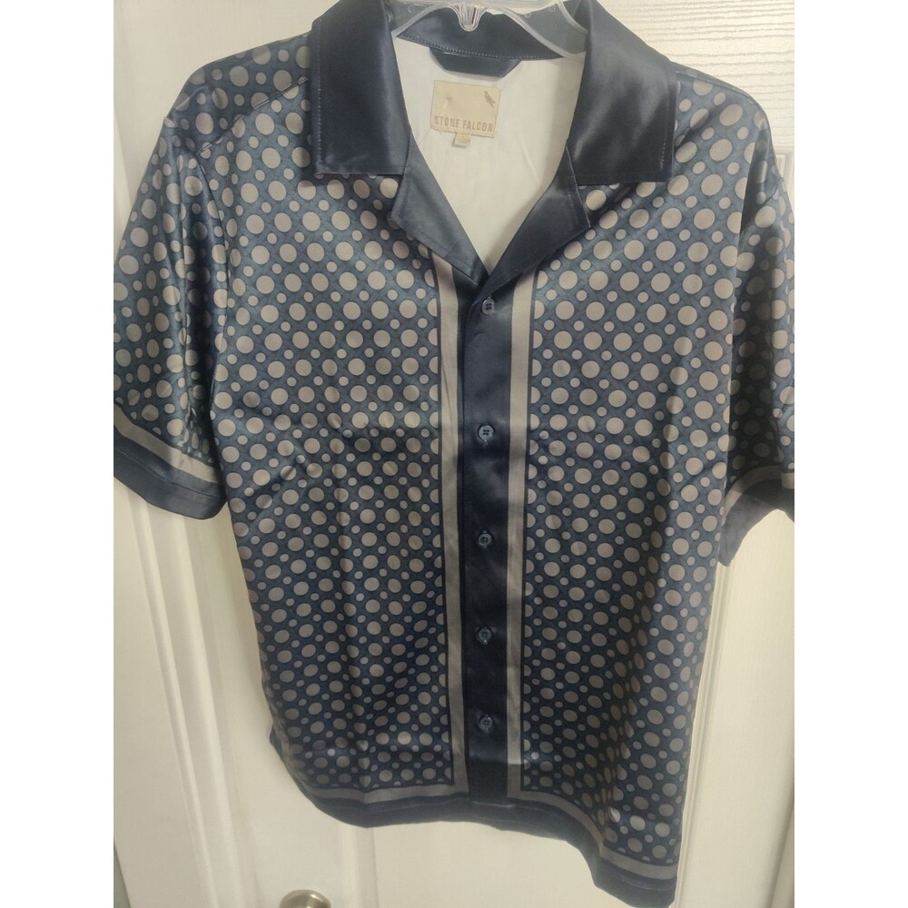 Stone Falcon Silk Satin Button-Up Shirt Polka Dot Blue/Gray Short Sleeve L